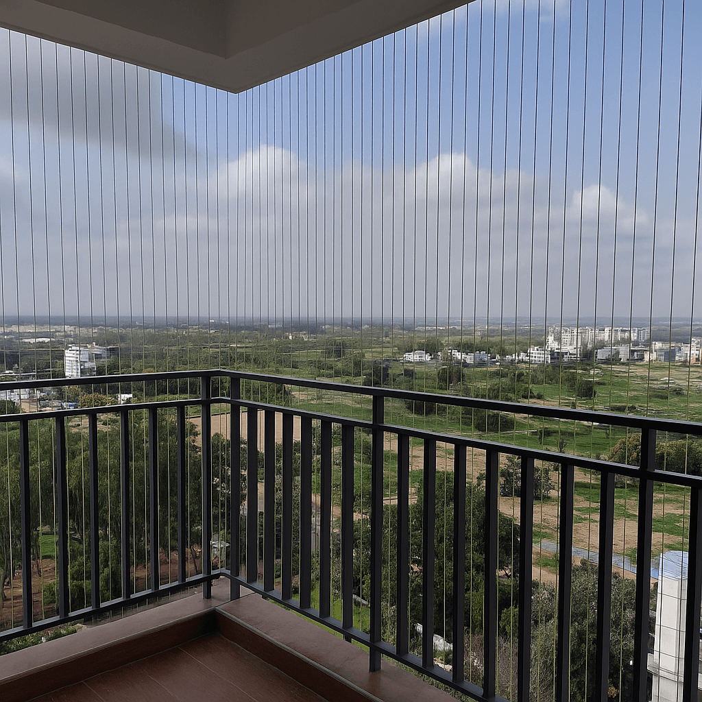 Corner balcony invisible grill with clear panoramic view through stainless cables
